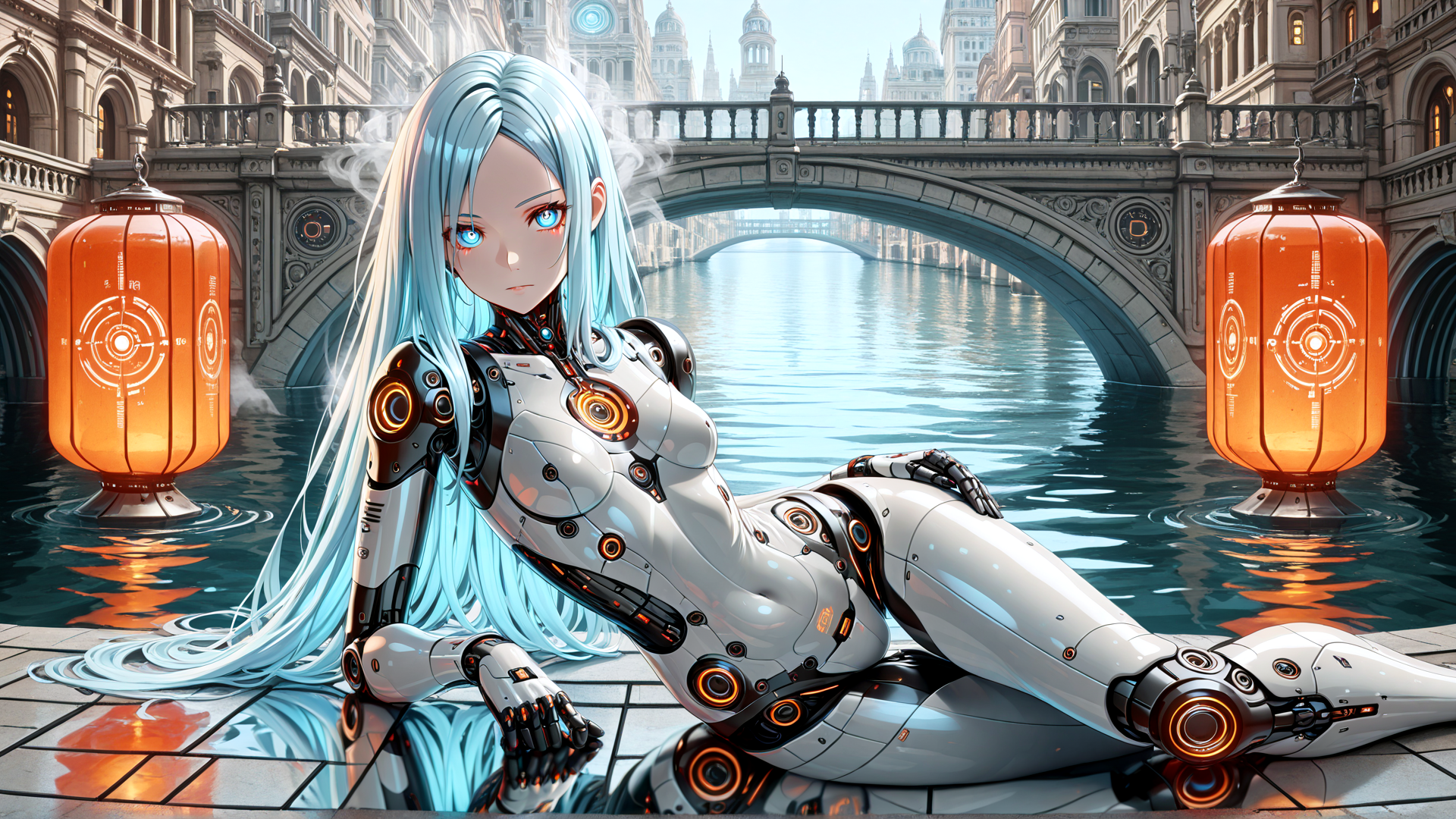 AI generated wallpaper featuring robot, girl, lantern, bridge, water