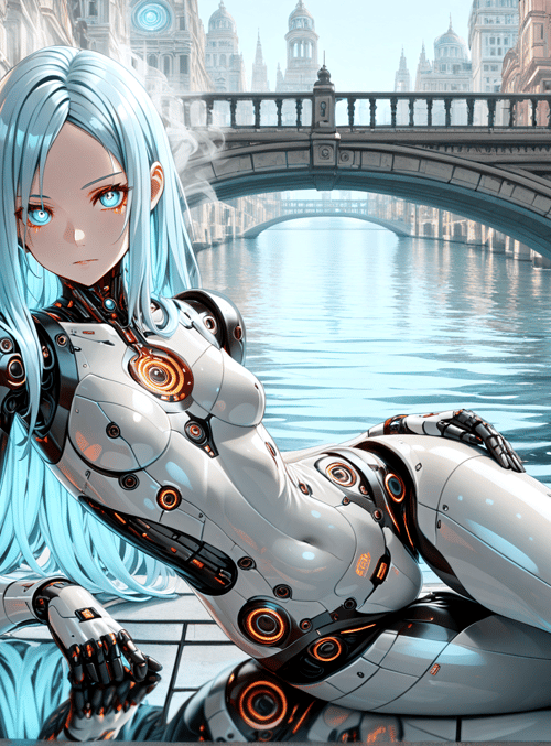 robot, girl, lantern, bridge, water