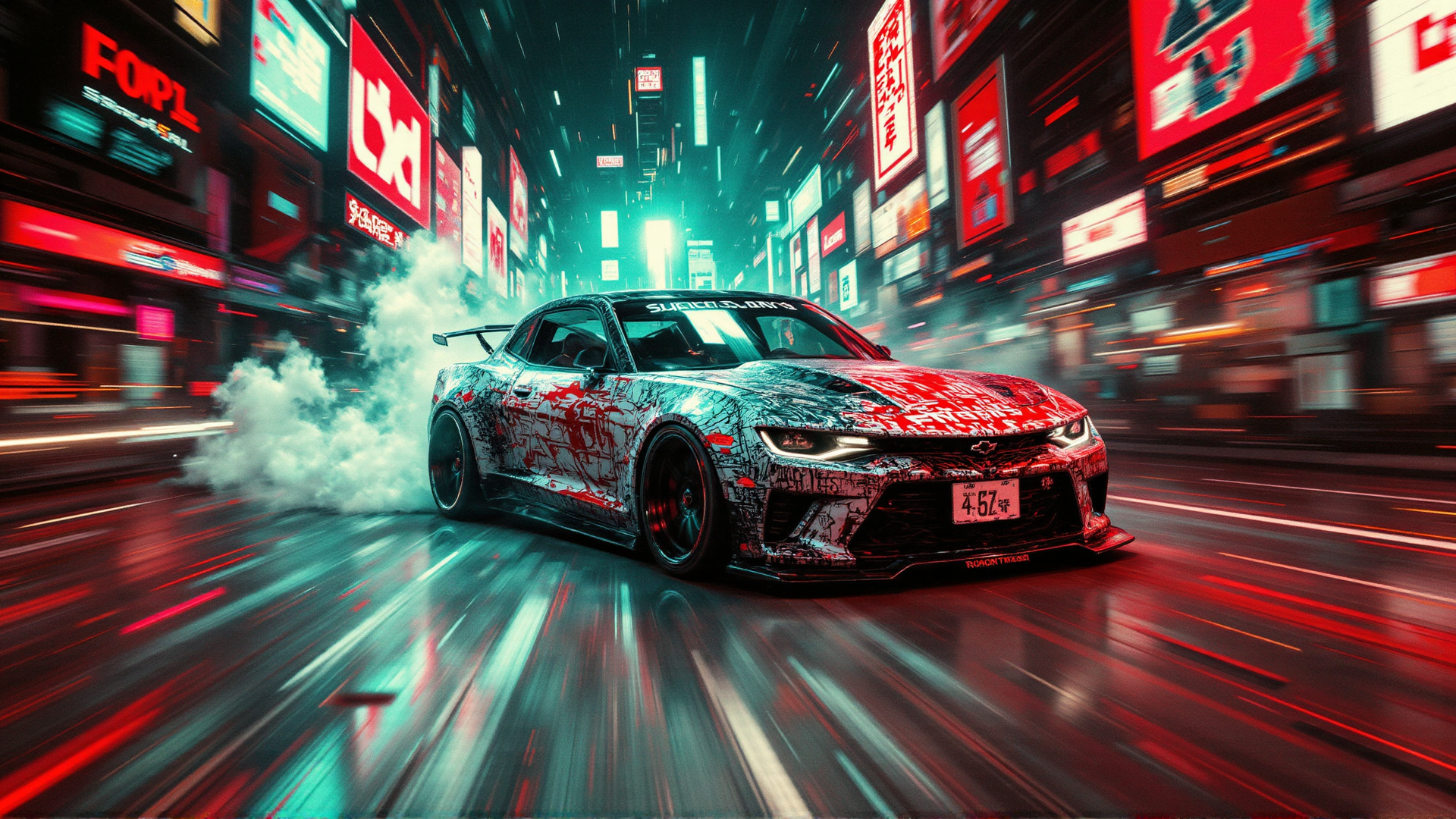 AI generated wallpaper featuring car, city, neon