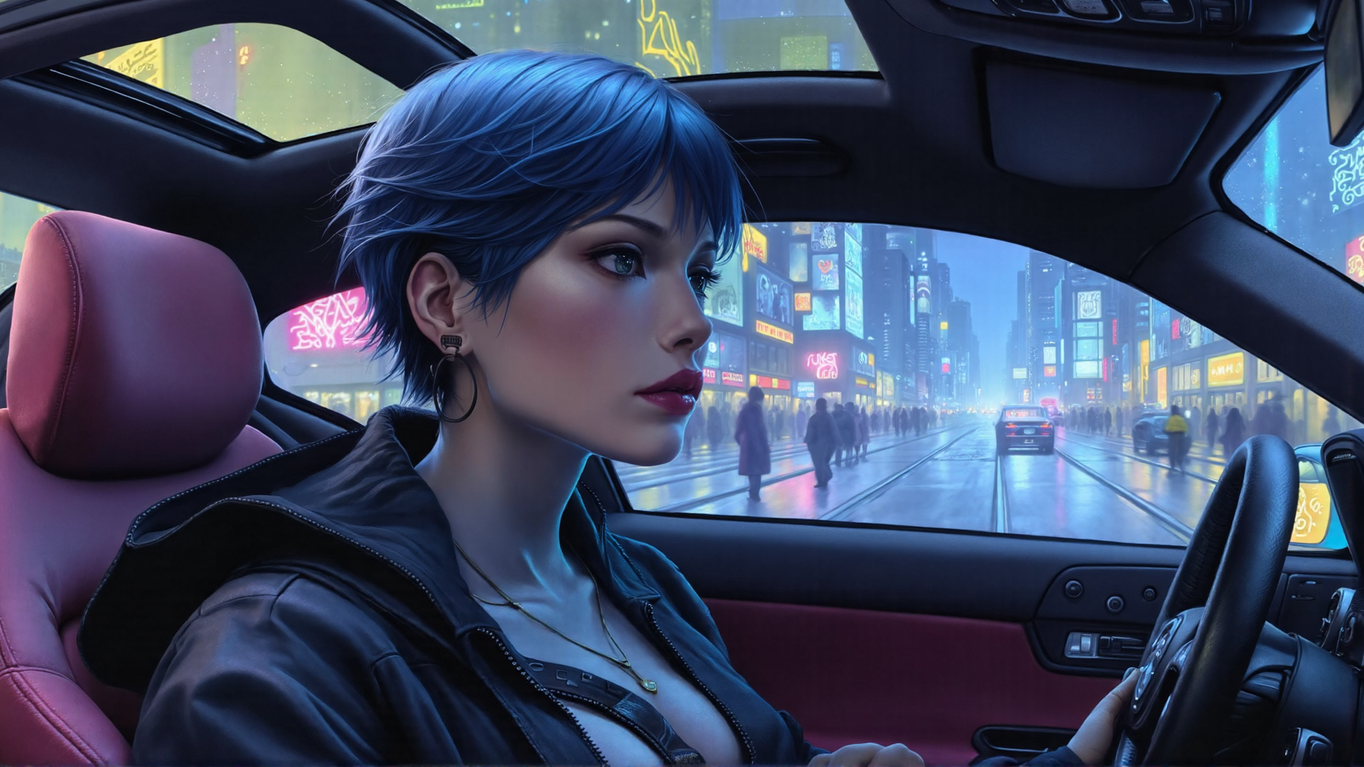 AI generated wallpaper featuring woman, car, city, streets, neon, traffic, signs, driver