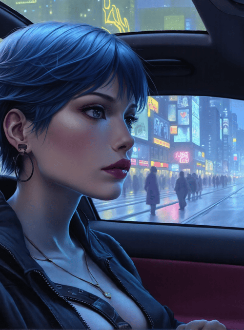 woman, car, city, streets, neon, traffic, signs, driver