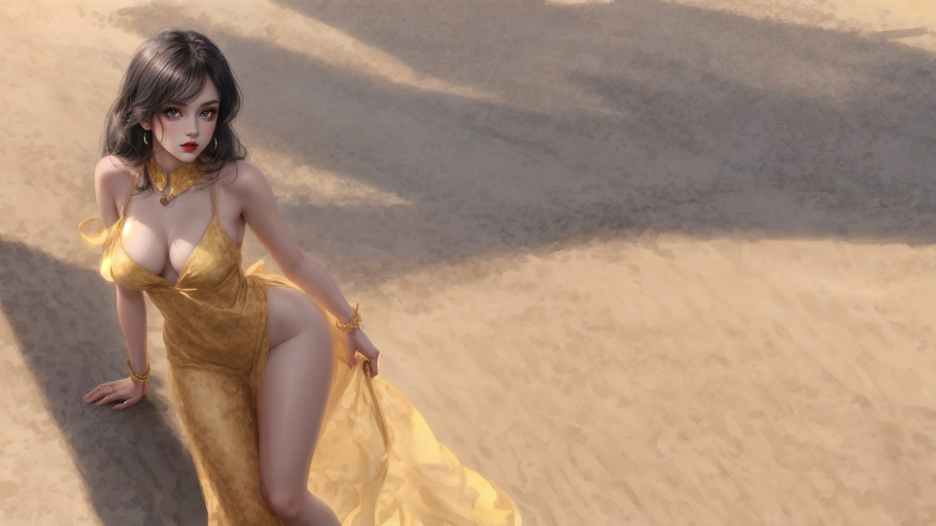 AI generated wallpaper featuring woman, dress, sand