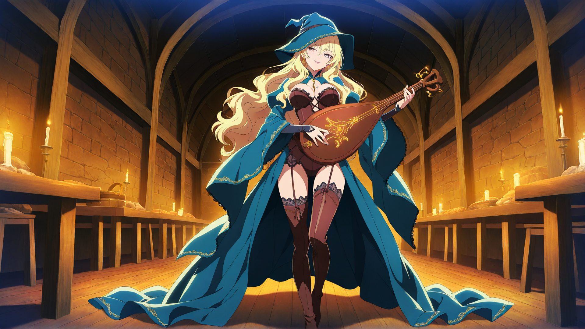 AI generated wallpaper featuring witch, lute, wizard