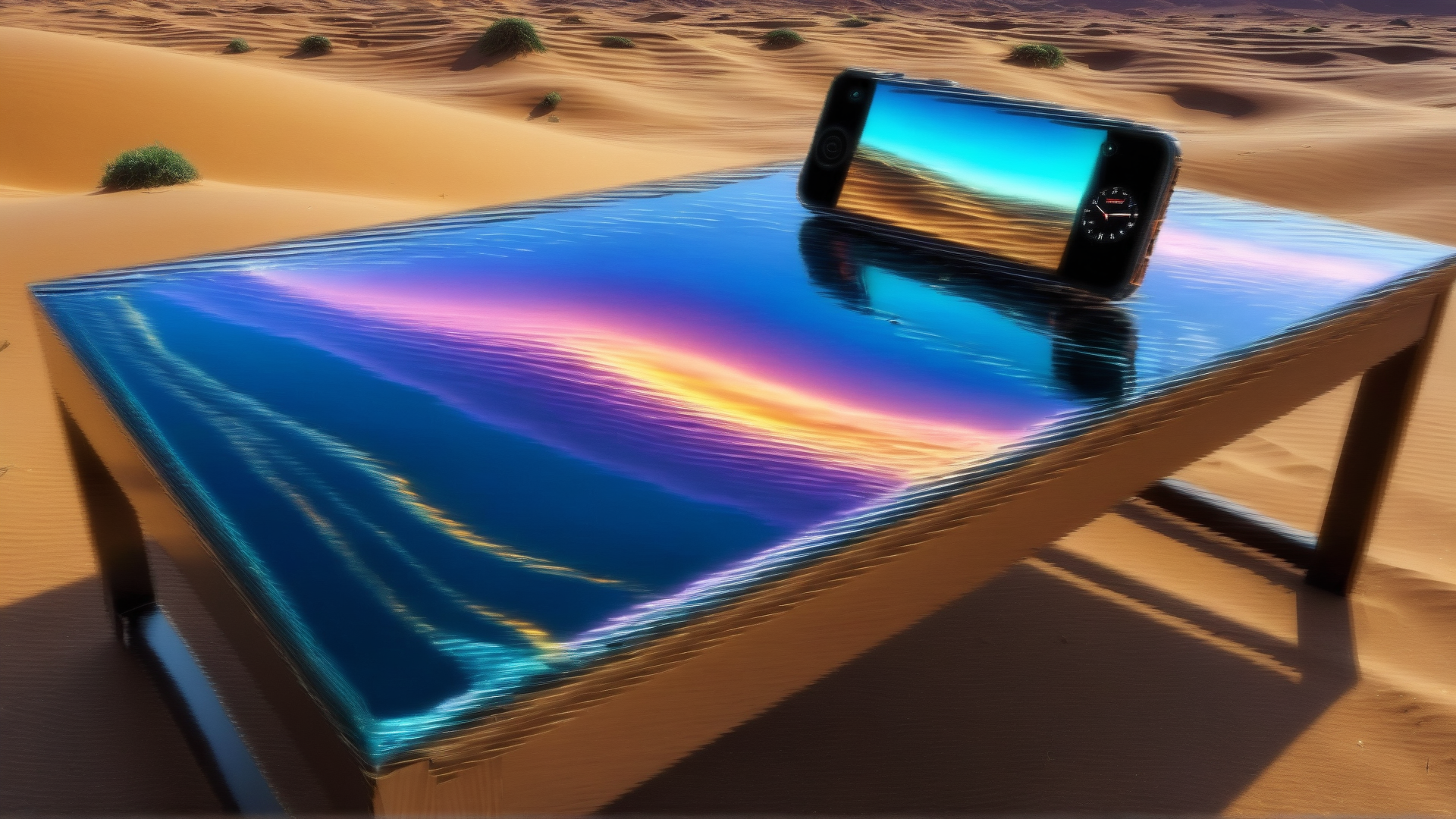 AI generated wallpaper featuring phone, table, desert