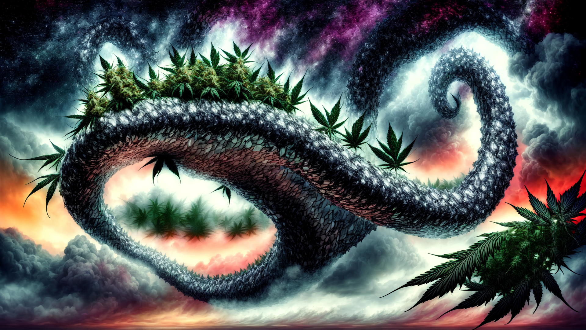 AI generated wallpaper featuring cannabis, snake, galaxy, clouds, leaves, sky, twisted, cosmic, surreal, dragon