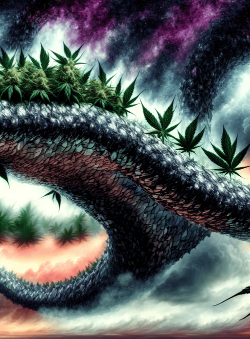cannabis, snake, galaxy, clouds, leaves, sky, twisted, cosmic, surreal, dragon