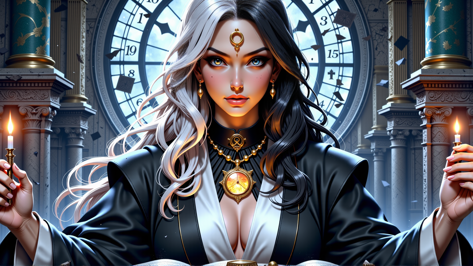 AI generated wallpaper featuring woman, clock, candle