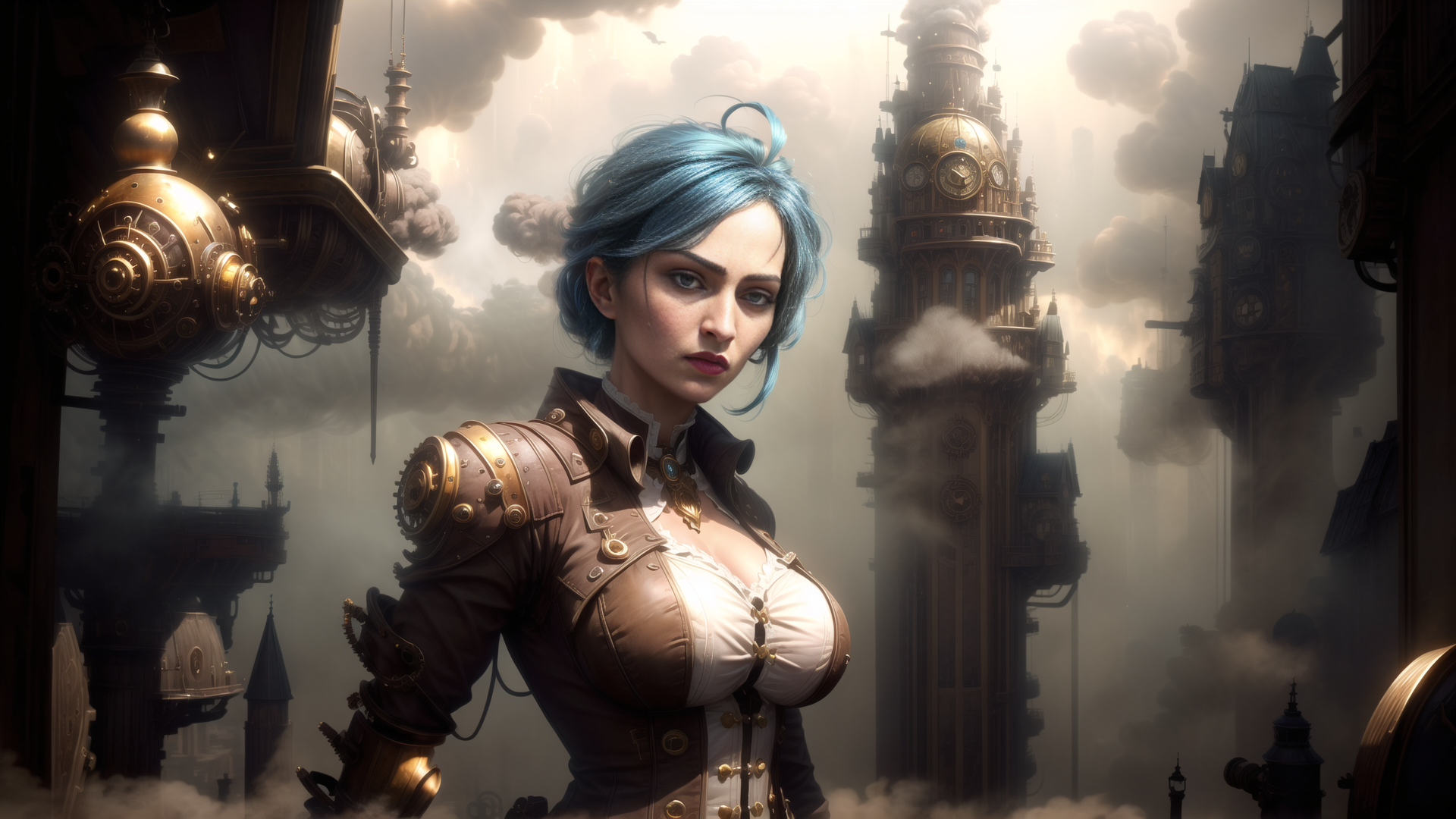 AI generated wallpaper featuring woman, steampunk, city