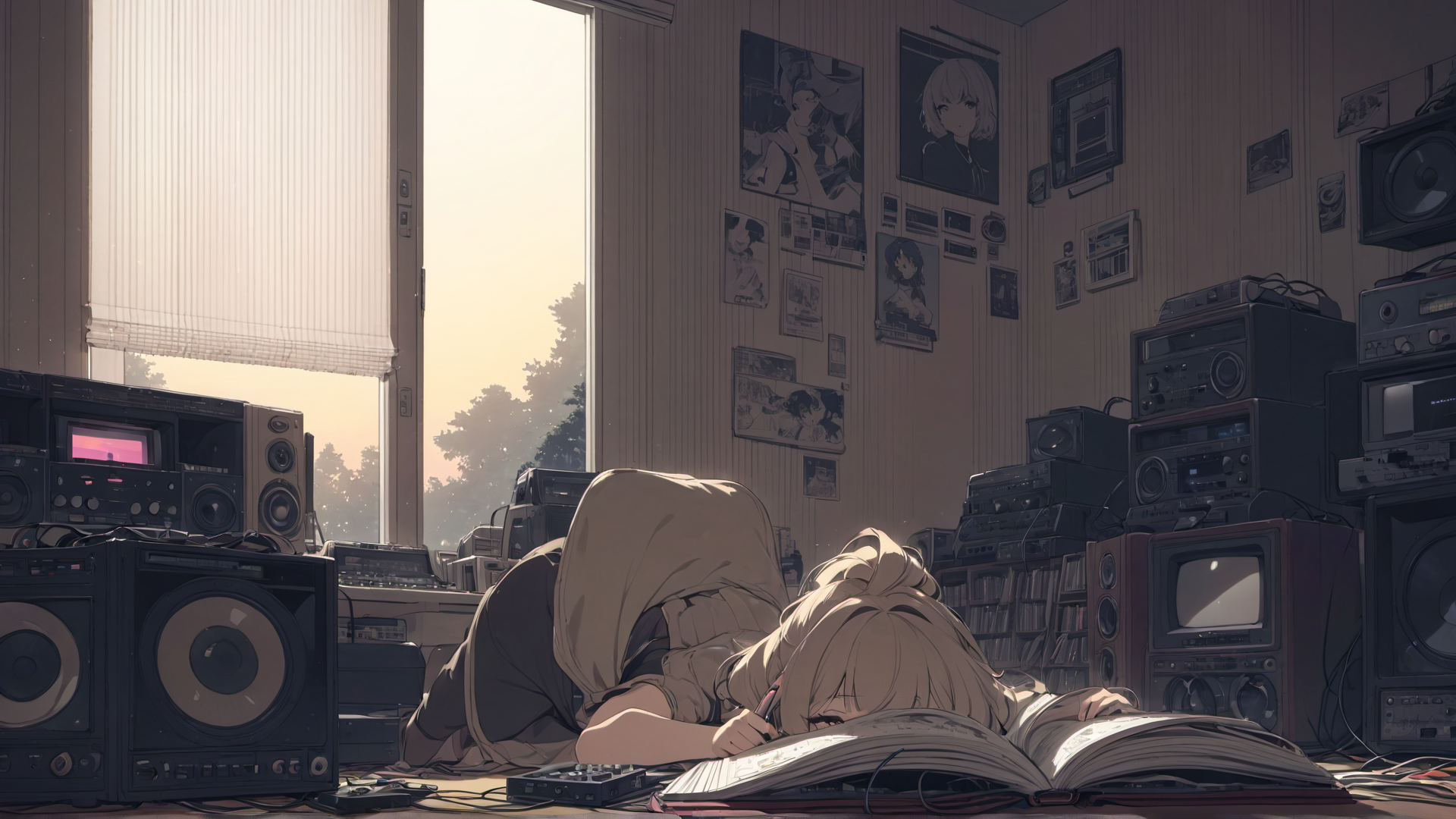AI generated wallpaper featuring anime girl, old radio, book