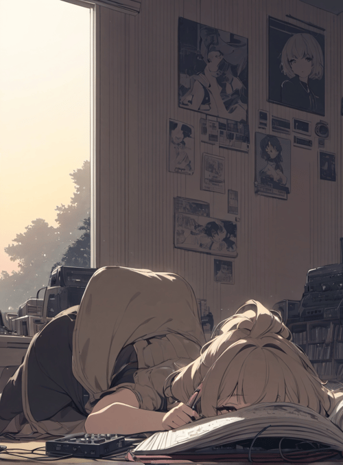 anime girl, old radio, book