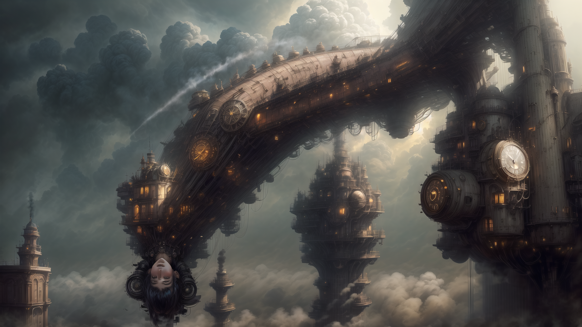 AI generated wallpaper featuring airship, clockwork, skyscraper, cloud, city