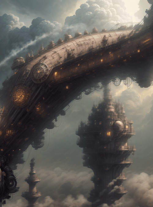airship, clockwork, skyscraper, cloud, city