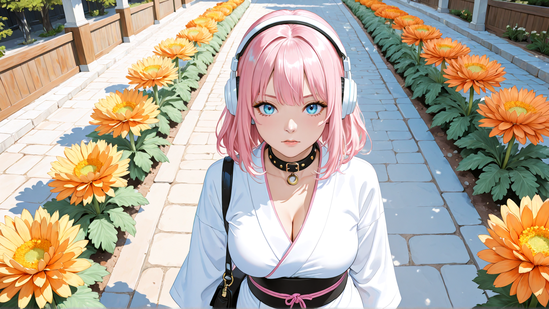 AI generated wallpaper featuring girl, woman, flower, pathway, headphones, choker, belt, handbag, trees, fence