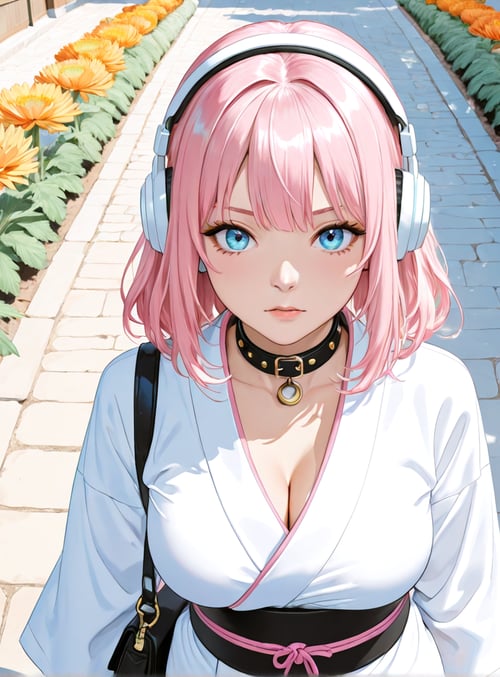 girl, woman, flower, pathway, headphones, choker, belt, handbag, trees, fence