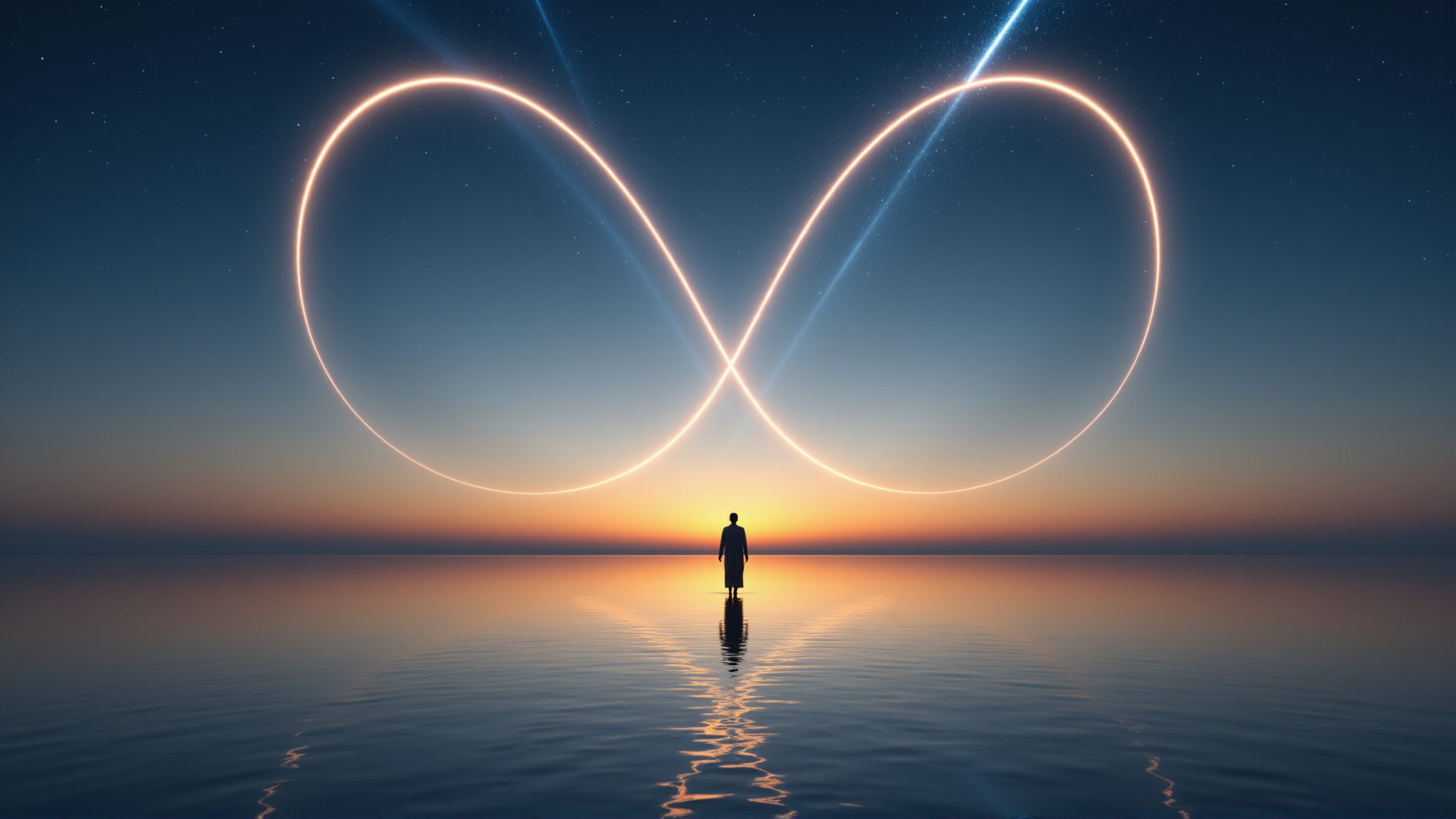 AI generated wallpaper featuring infinity symbol, person, water