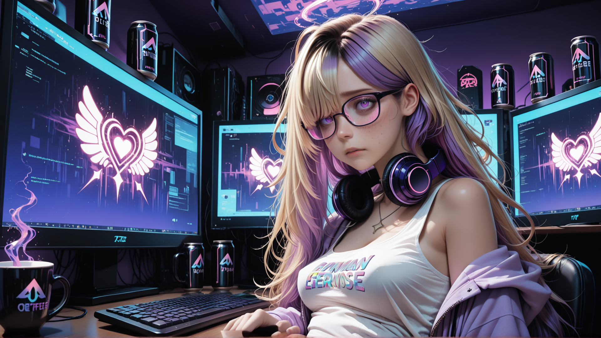 AI generated wallpaper featuring girl, gamer, computer, monitor, headphones, can, cup, keyboard, glasses, hoodie
