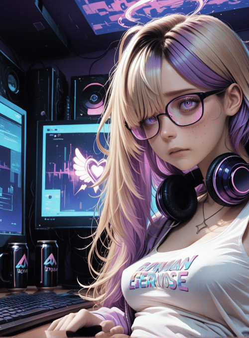 girl, gamer, computer, monitor, headphones, can, cup, keyboard, glasses, hoodie