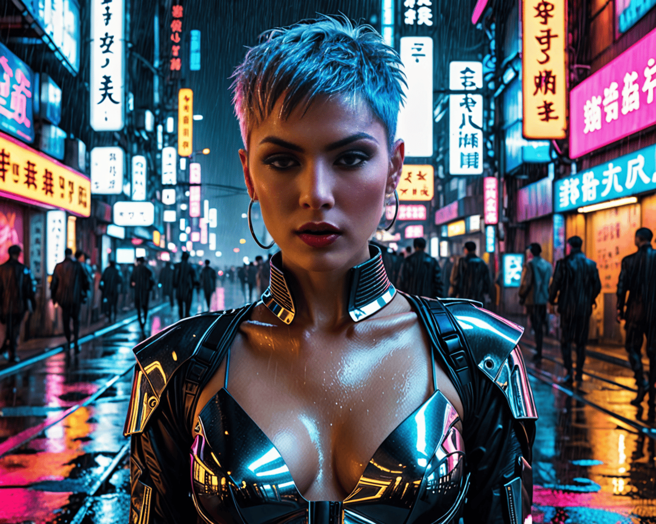 AI generated wallpaper featuring cyberpunk, woman, street
