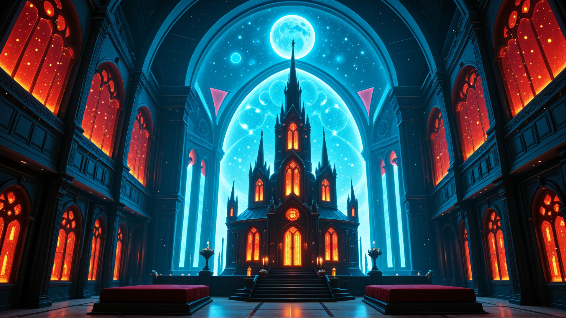 AI generated wallpaper featuring church, cathedral, stained glass, moon, spire, staircase, altar, candles, arches, window