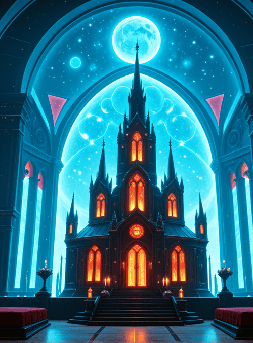 church, cathedral, stained glass, moon, spire, staircase, altar, candles, arches, window
