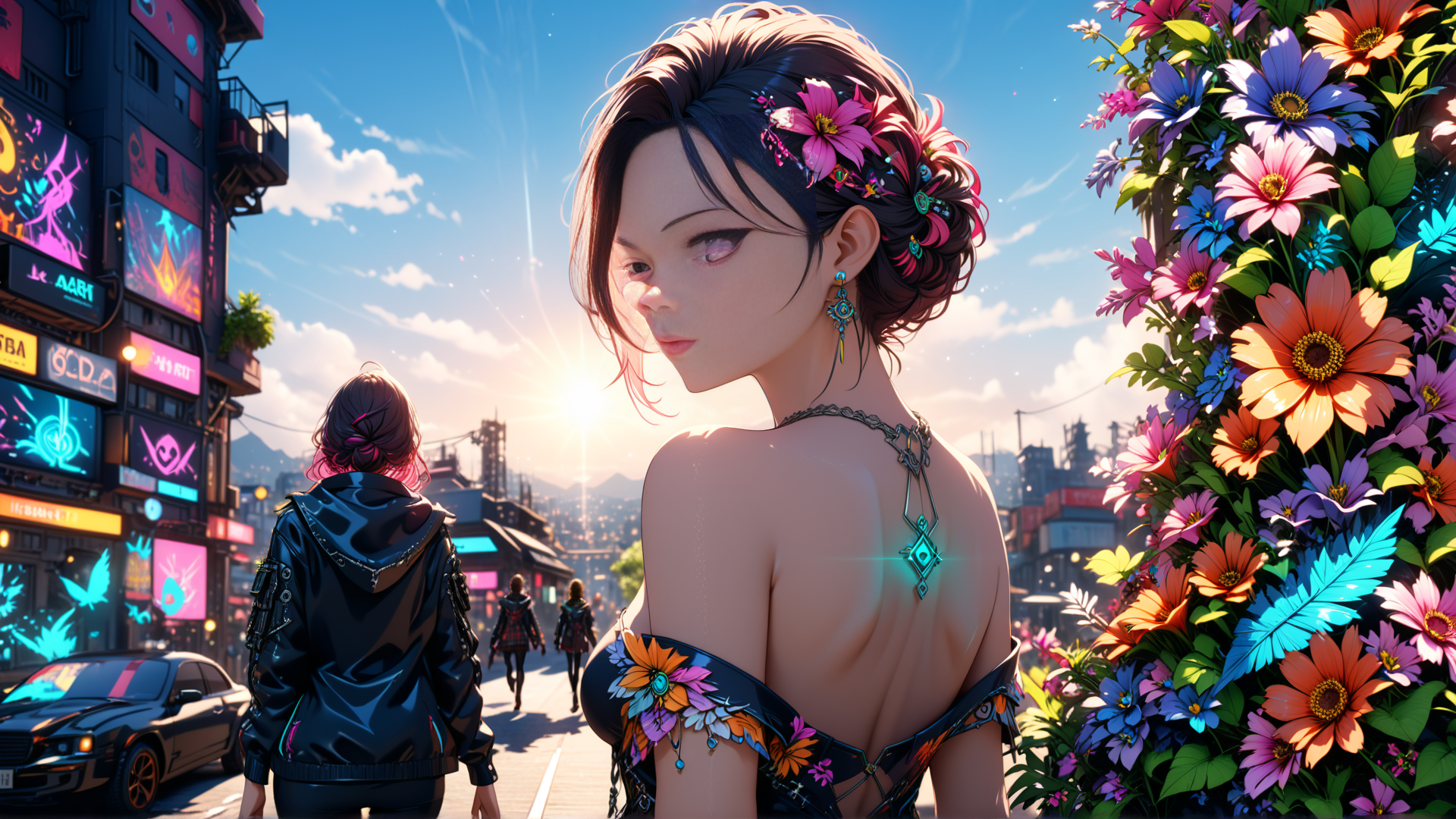 AI generated wallpaper featuring woman, city, flowers
