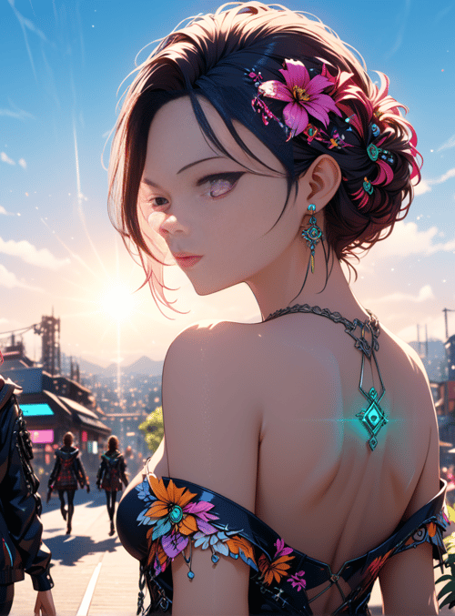 woman, city, flowers
