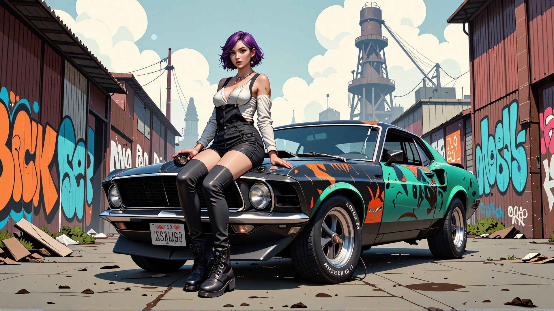 AI generated wallpaper featuring woman, car, graffiti, warehouse, urban, vintage, sneakers, boot, hair, tattoo