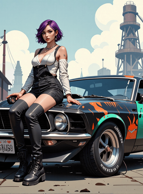 woman, car, graffiti, warehouse, urban, vintage, sneakers, boot, hair, tattoo