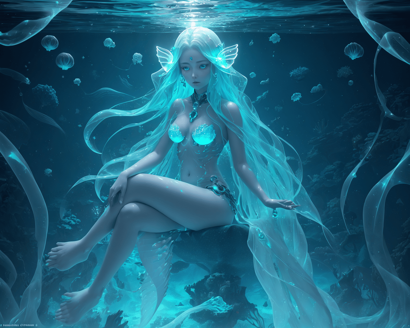 AI generated wallpaper featuring mermaid, sea goddess, aquatic being