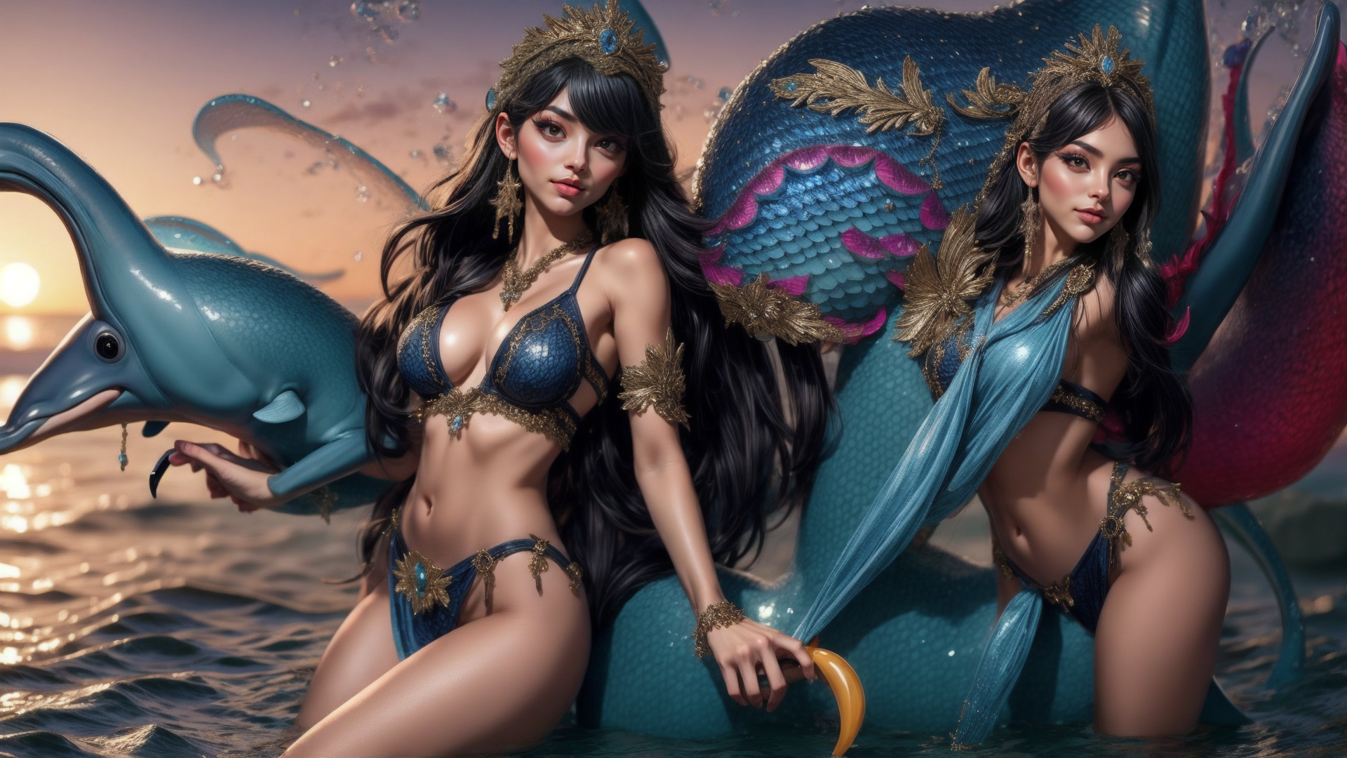 AI generated wallpaper featuring mermaids, dolphin, giant sea creature