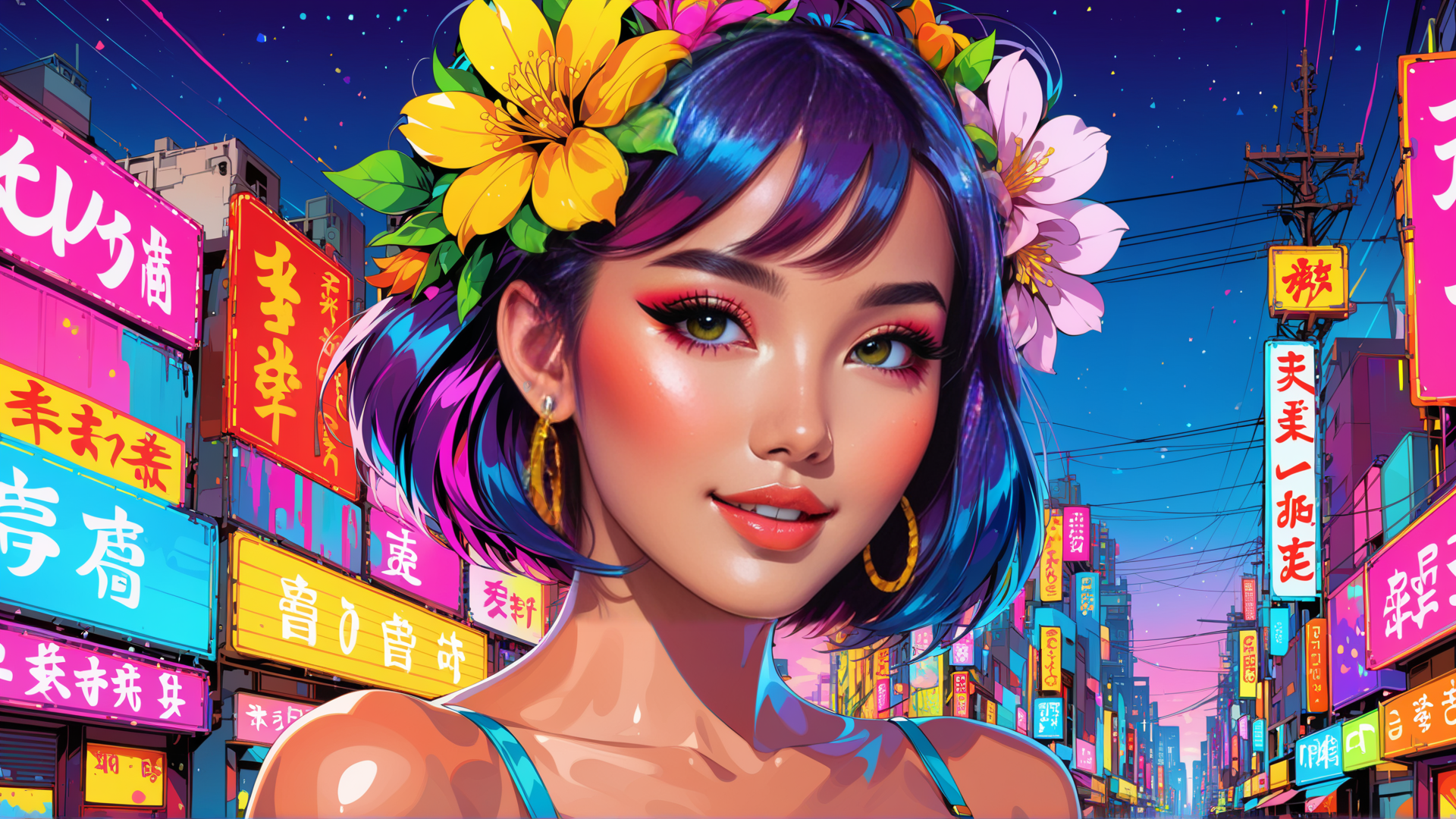 AI generated wallpaper featuring woman, flowers, city