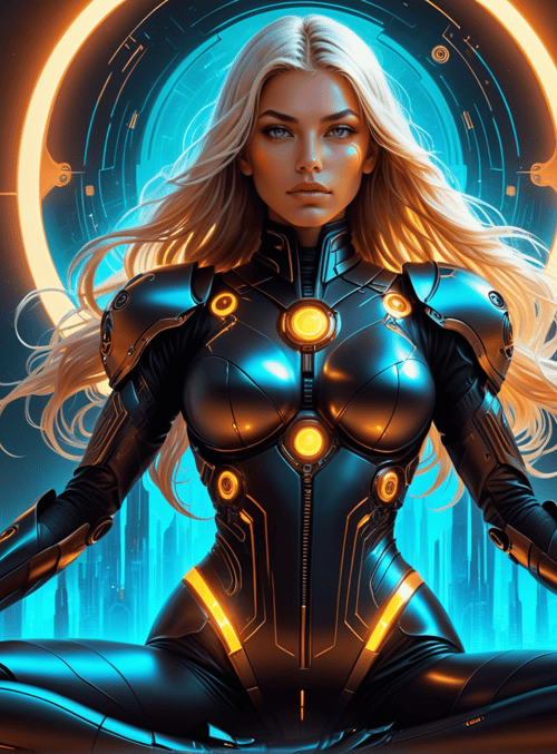 woman, cyborg, suits, cityscape, circles