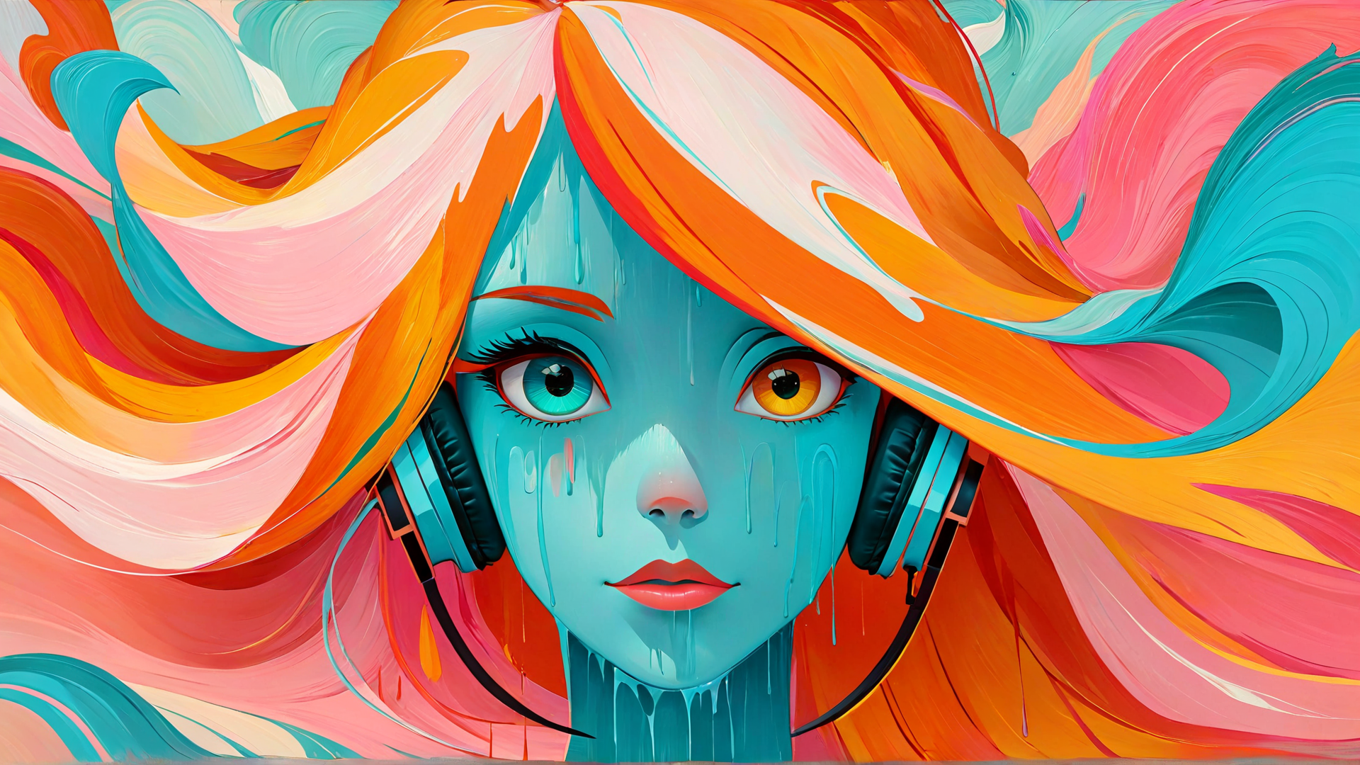 AI generated wallpaper featuring woman, hair, headphones, tears, face