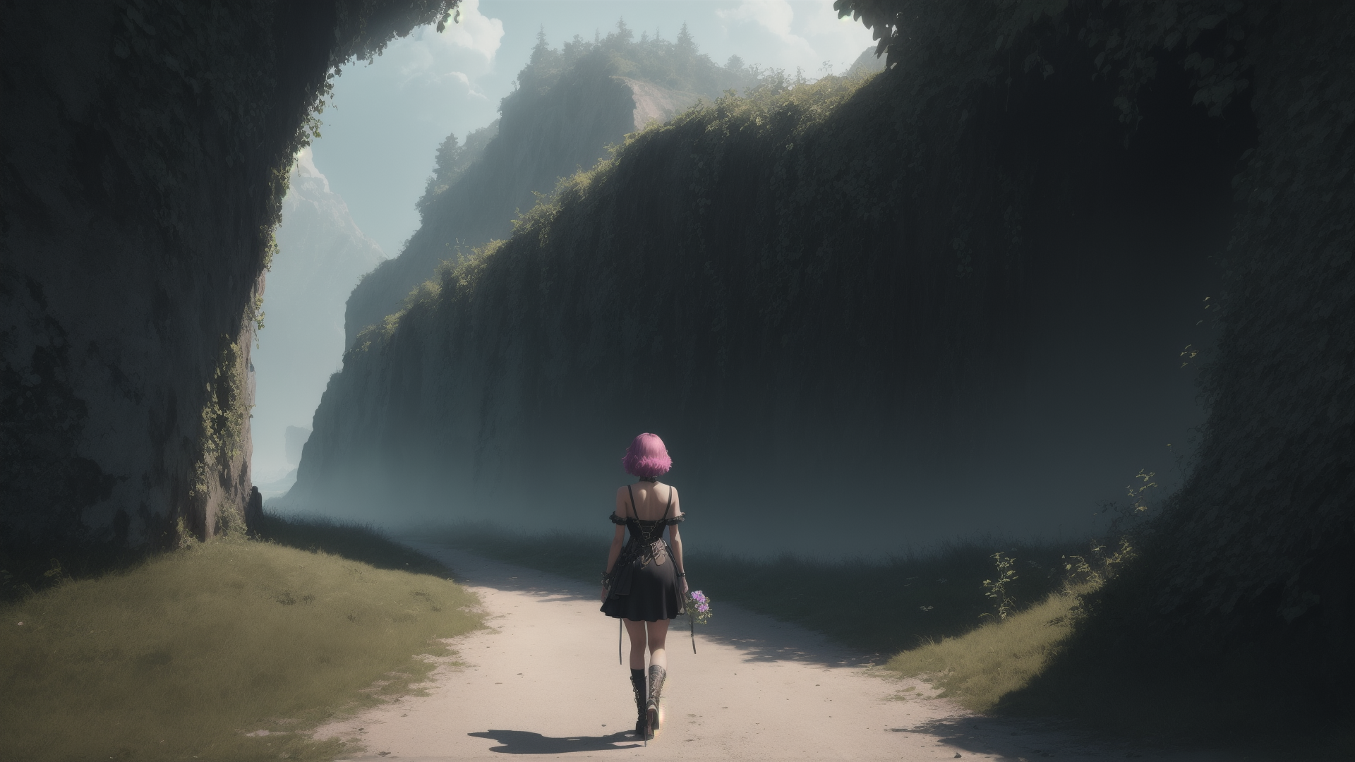 AI generated wallpaper featuring girl, path, mountains