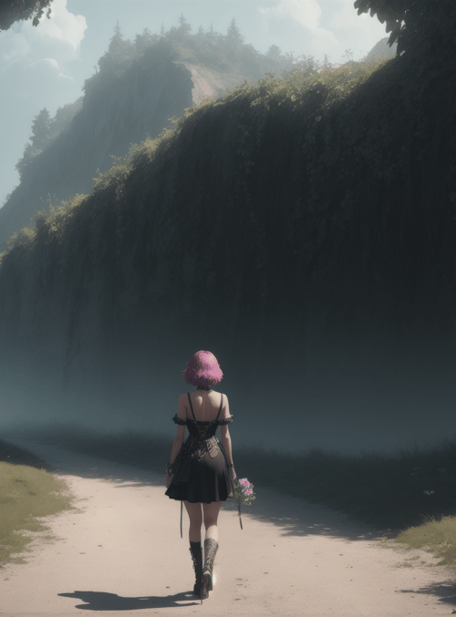 girl, path, mountains