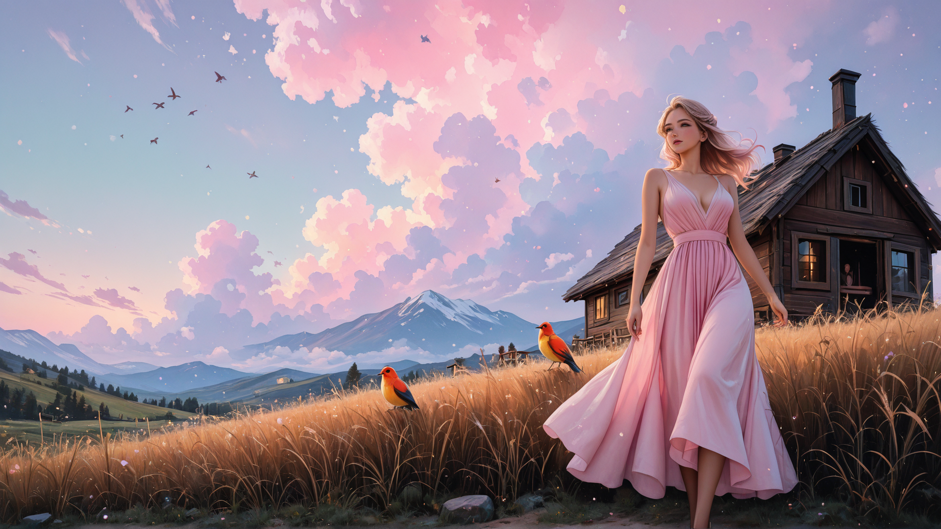 AI generated wallpaper featuring woman, house, birds