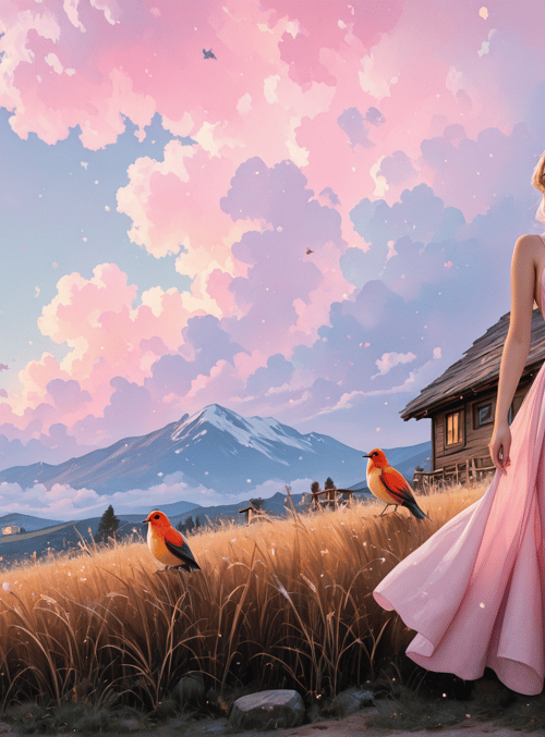 woman, house, birds