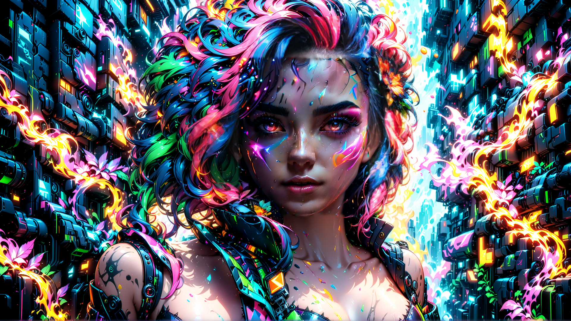 AI generated wallpaper featuring woman, cyberpunk, neon