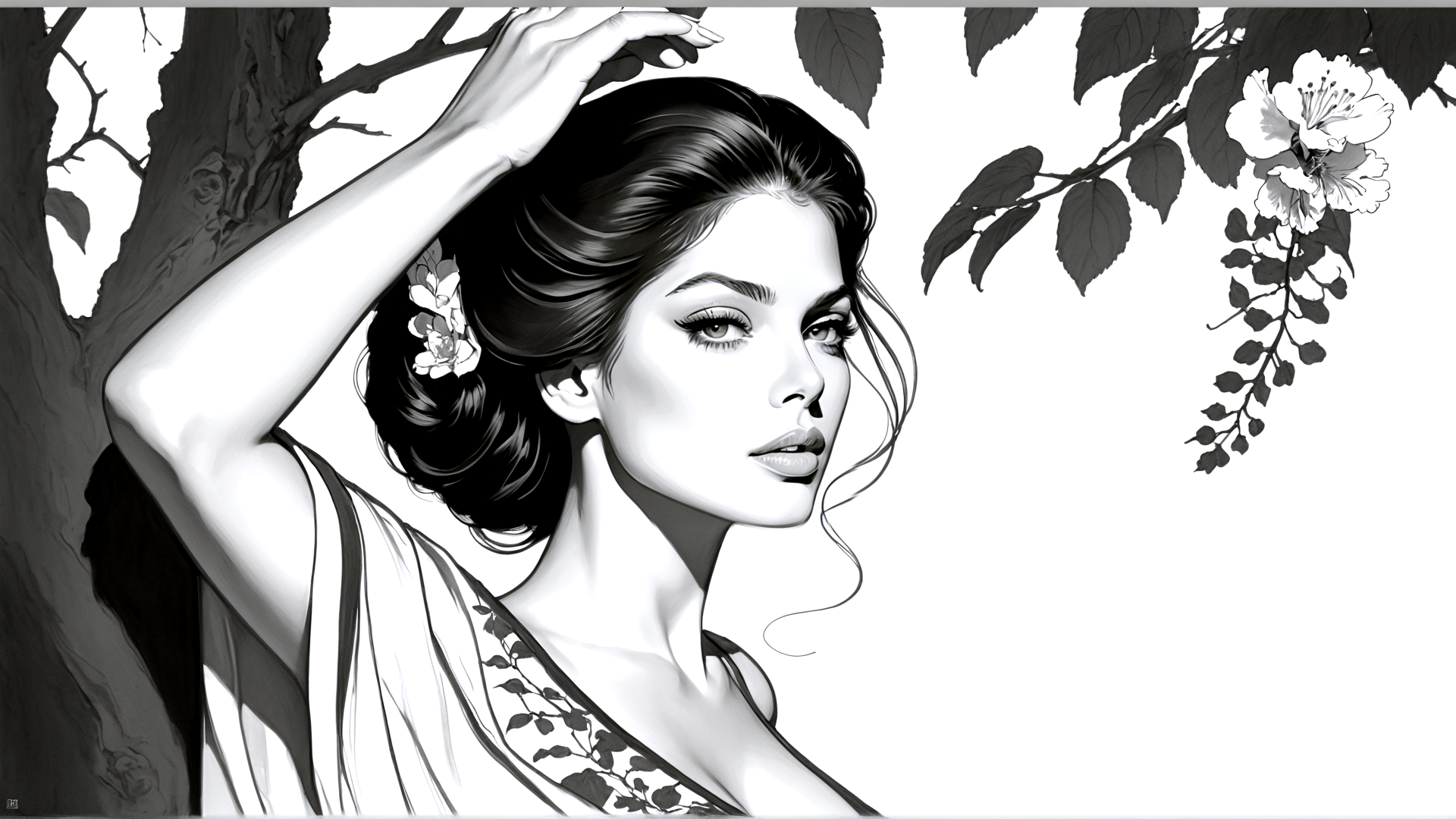 AI generated wallpaper featuring woman, tree, flower, branch, leaves, hair, dress