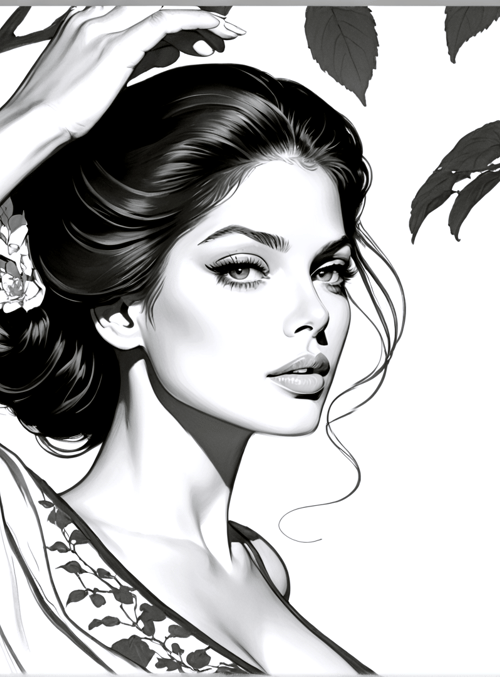 woman, tree, flower, branch, leaves, hair, dress