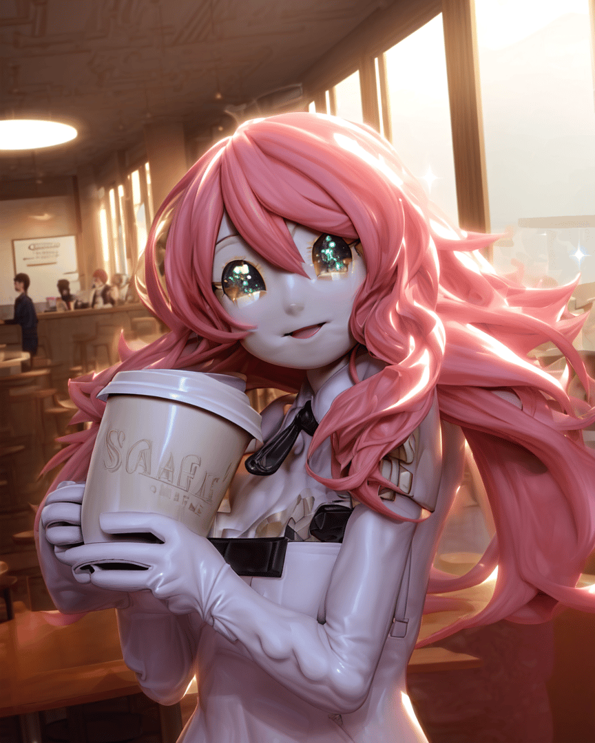 AI generated wallpaper featuring anime girl, cup, cafe, pink hair