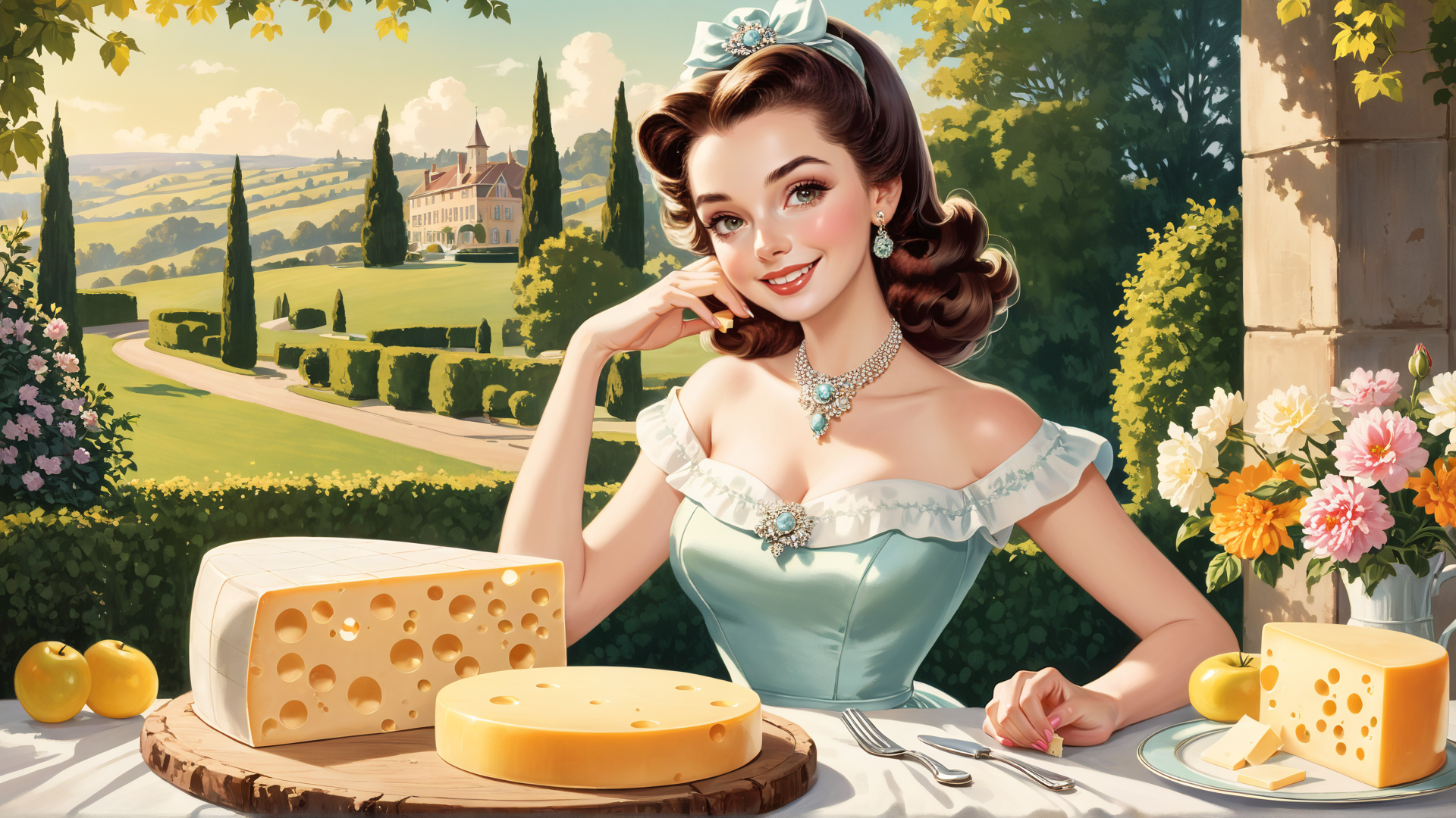 AI generated wallpaper featuring woman, cheese, apples