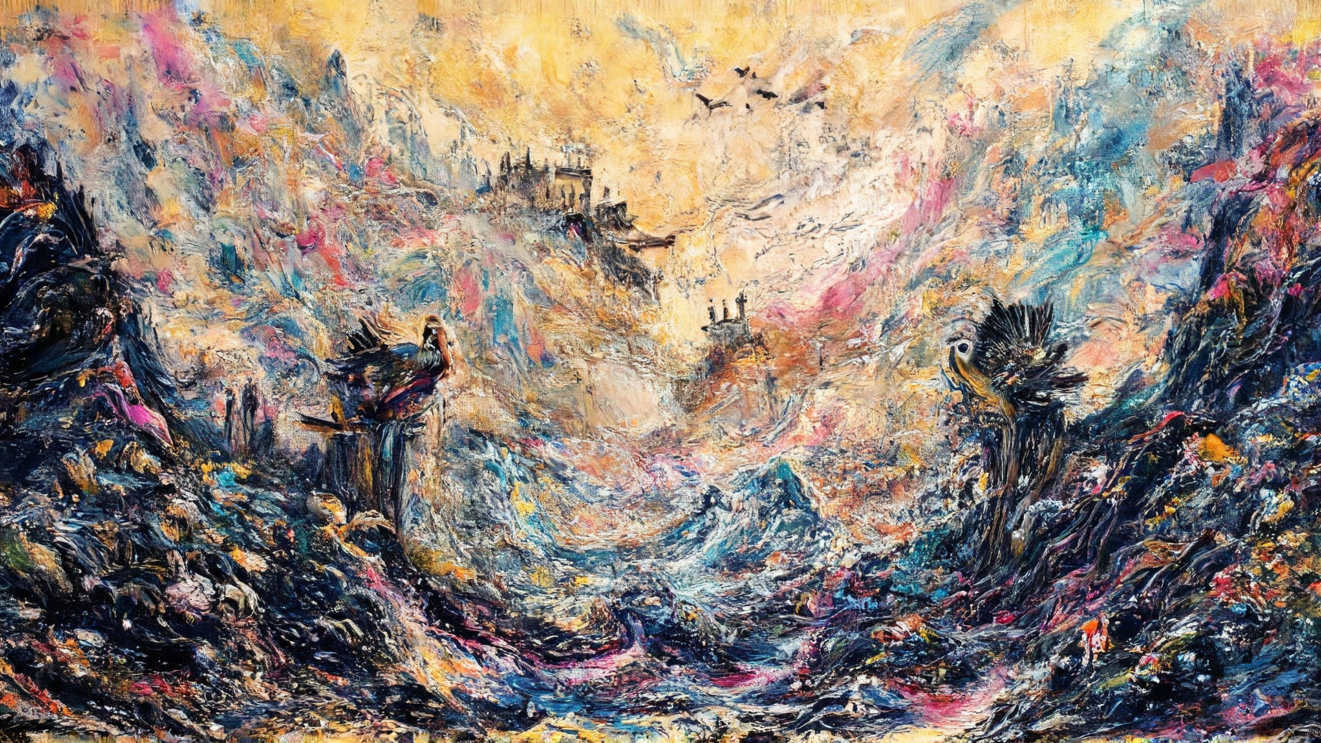 AI generated wallpaper featuring birds, cathedral, landscape