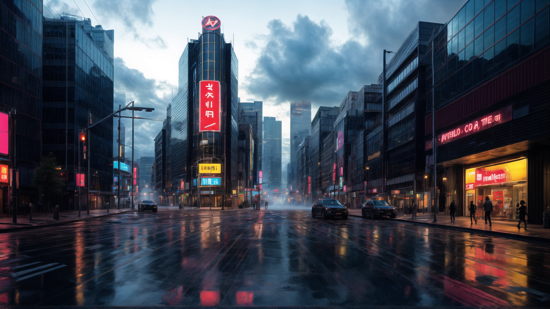 AI generated wallpaper featuring city street, buildings, neon signs, cars, people, rain, sky, road, billboards, lights