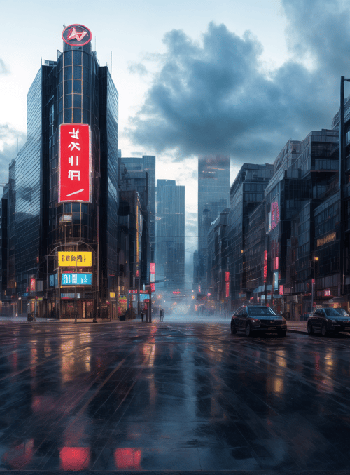 city street, buildings, neon signs, cars, people, rain, sky, road, billboards, lights