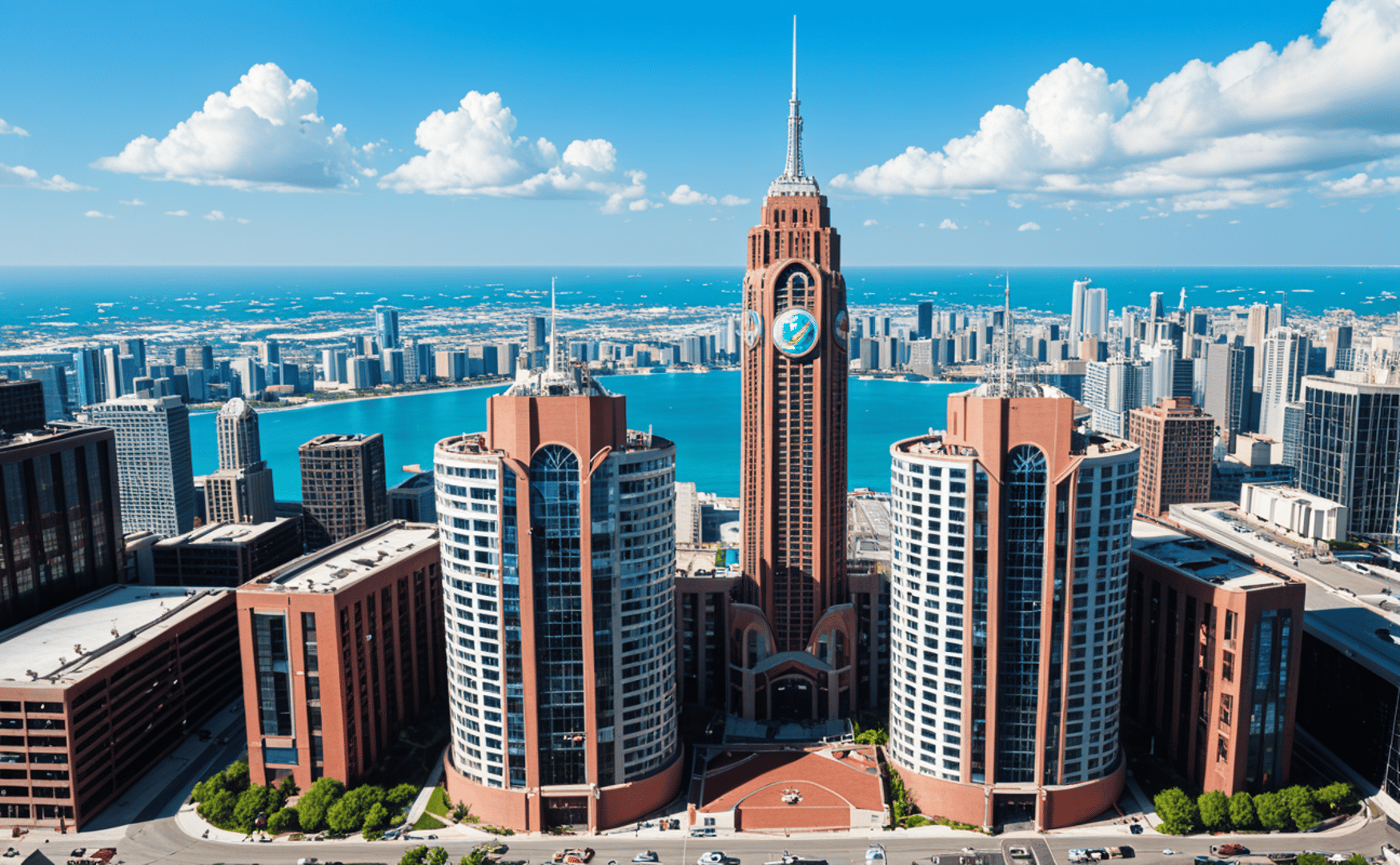 AI generated wallpaper featuring cityscape, skyscrapers, towers, building, urban, ocean, skyline, architecture, city, bldg