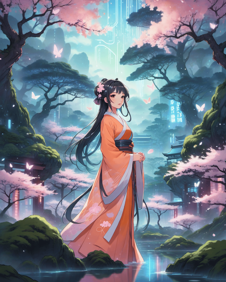 AI generated wallpaper featuring woman, cherry blossom, butterfly