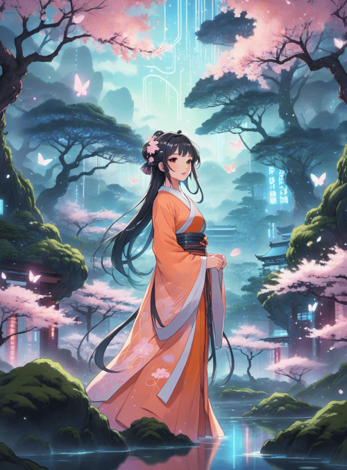 woman, cherry blossom, butterfly