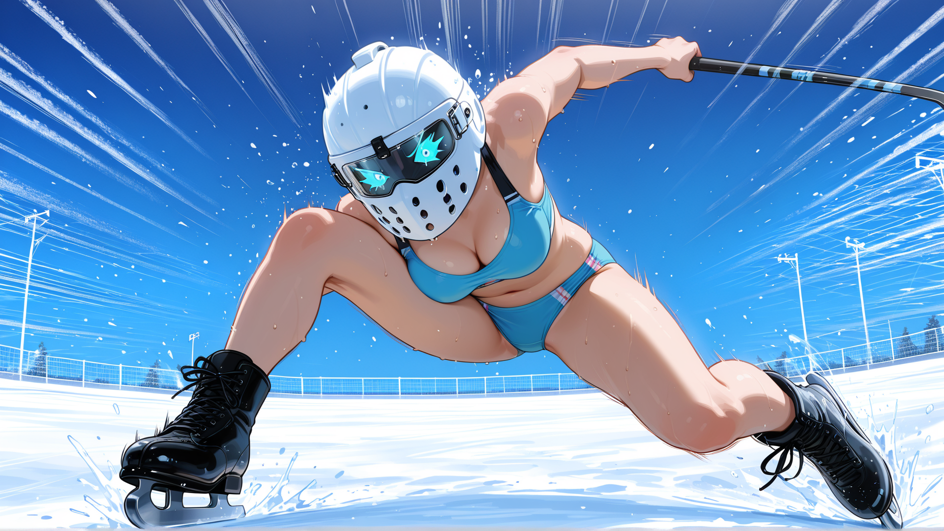 AI generated wallpaper featuring skater, figure, ice, helmet, goggles, bikini, ice skate, sweat, ice rink