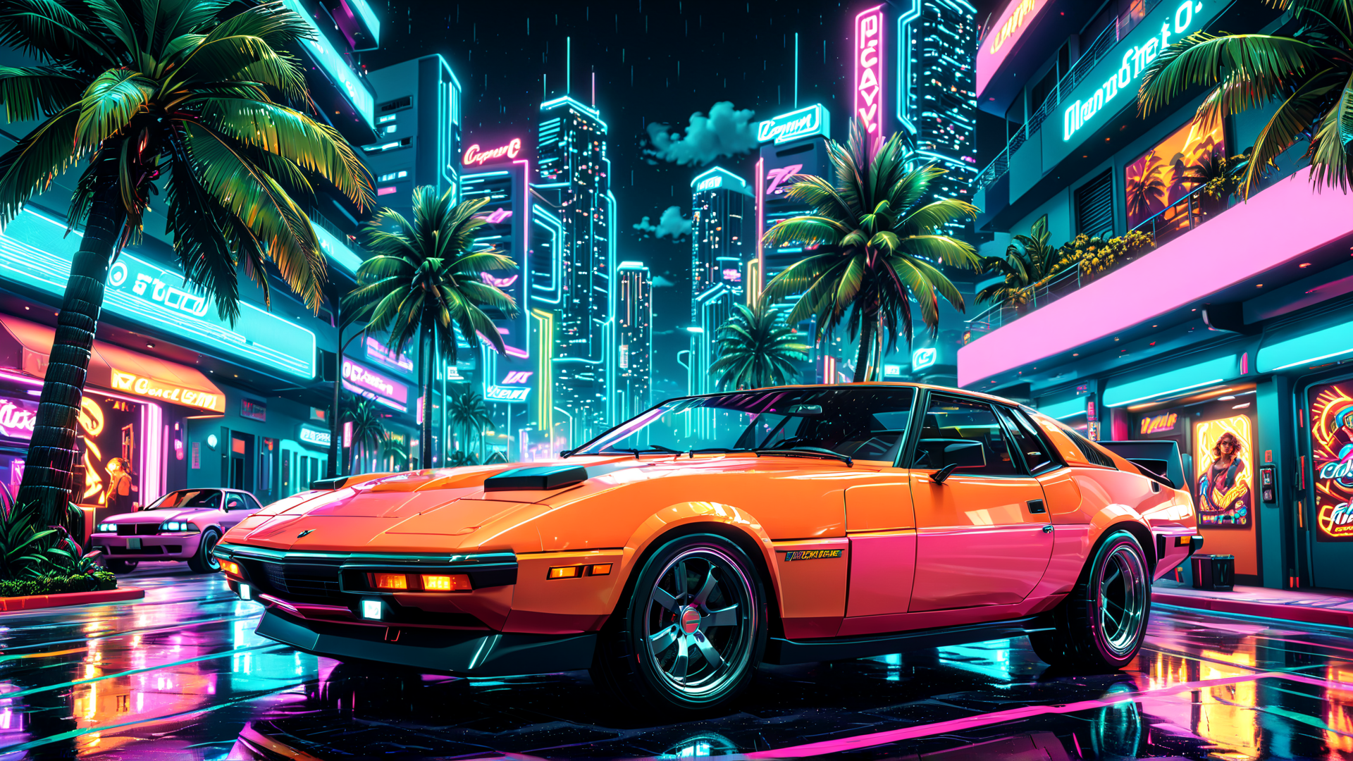 AI generated wallpaper featuring car, cityscape, palm tree